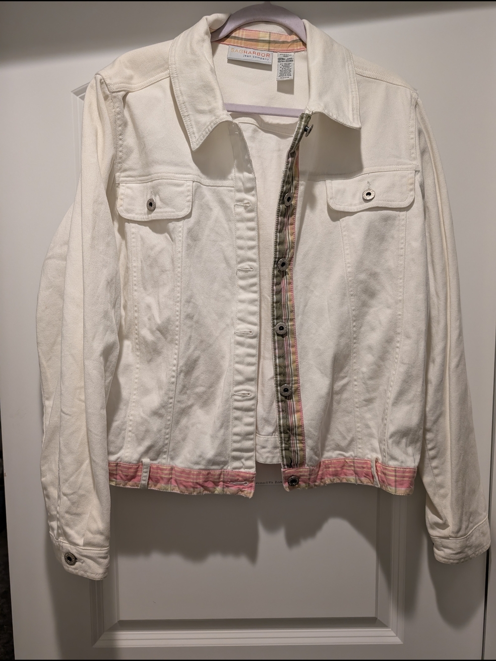 White Denim Jacket with Pink Trim - Sag Harbor